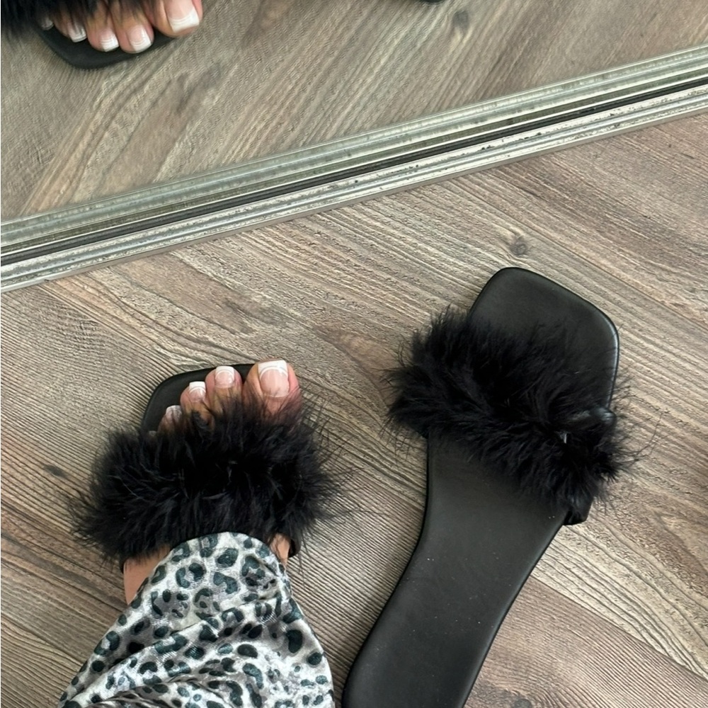 Black Furry Slide Sandals